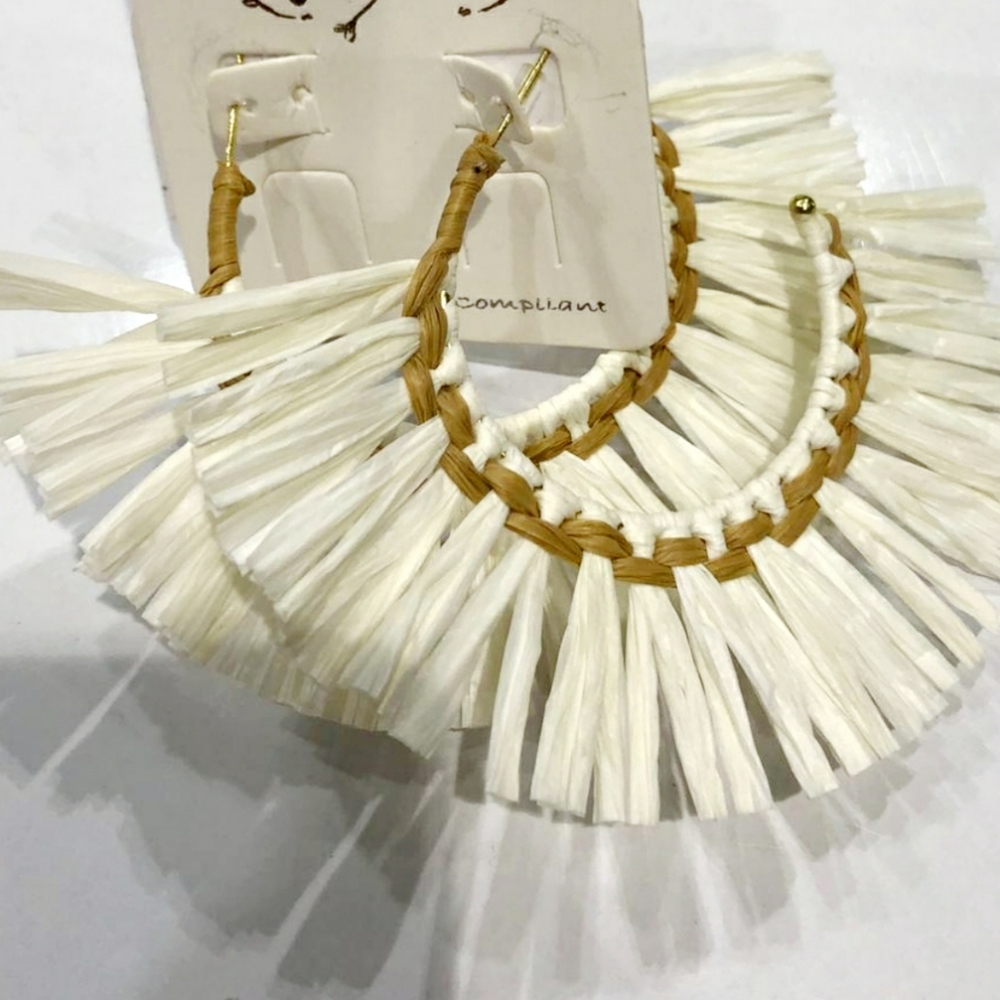 Handmade White & Tan Straw Hoop Earrings